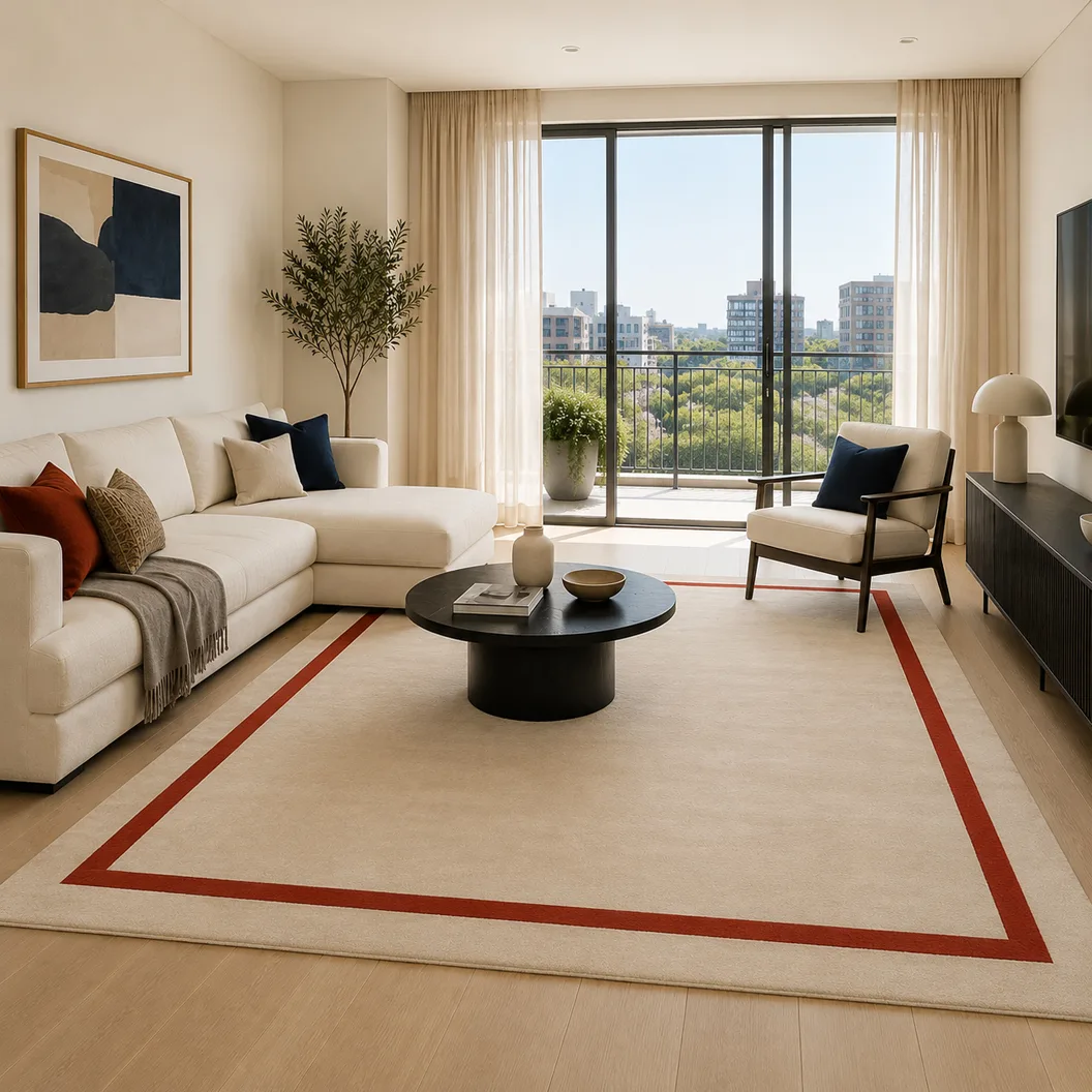 Cream Wool Rug with Traffic Red Art Silk Inset Border - Rug Roomset Collection