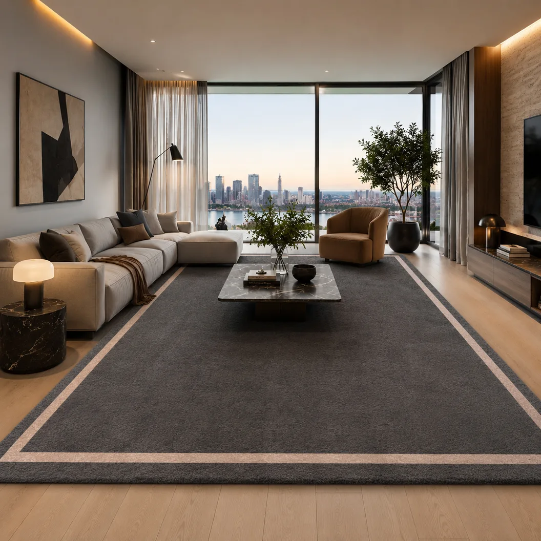 Slate Gray Wool Rug with Hint Of Salmon Inset Border - Rug Roomset Collection