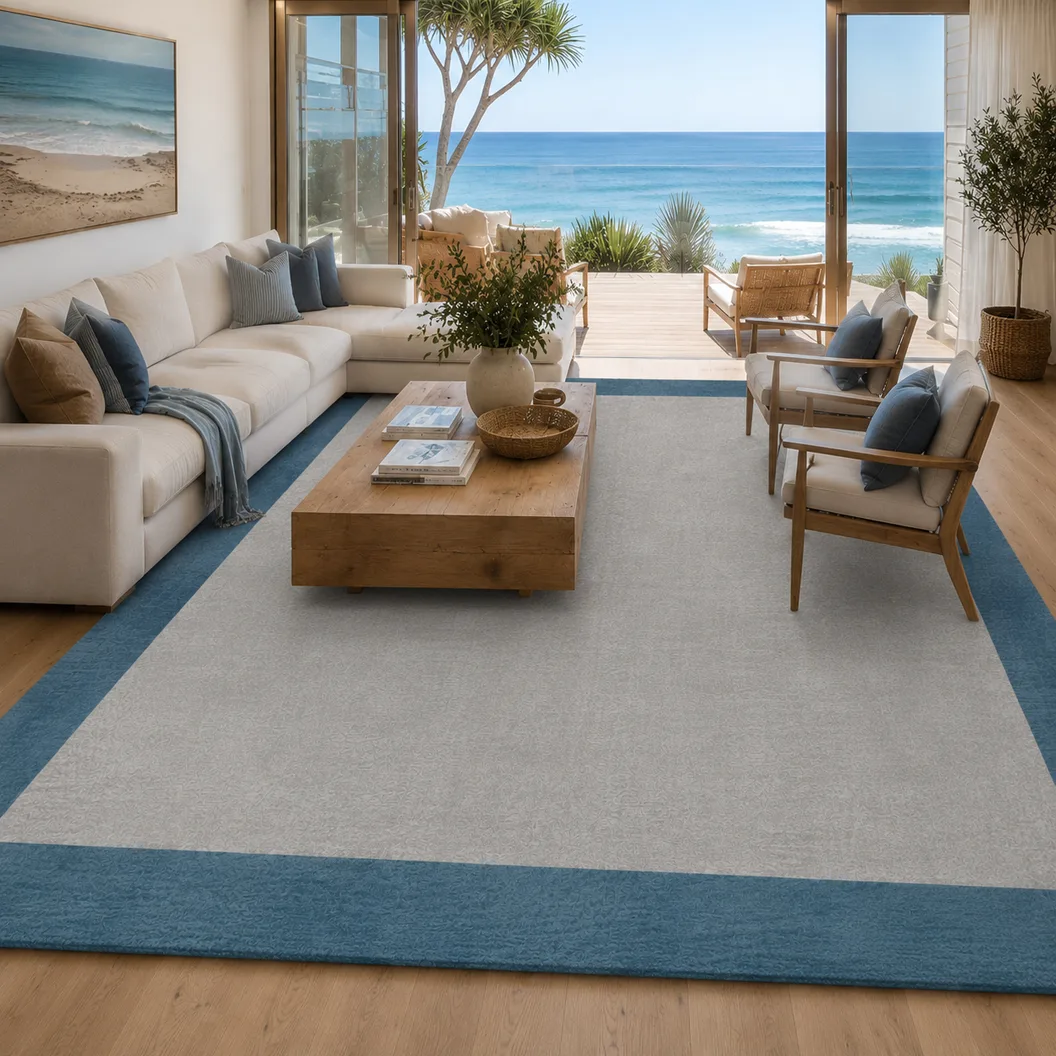 Purple Gray White Wool Rug with Teal Art Silk Border - Rug Roomset Collection