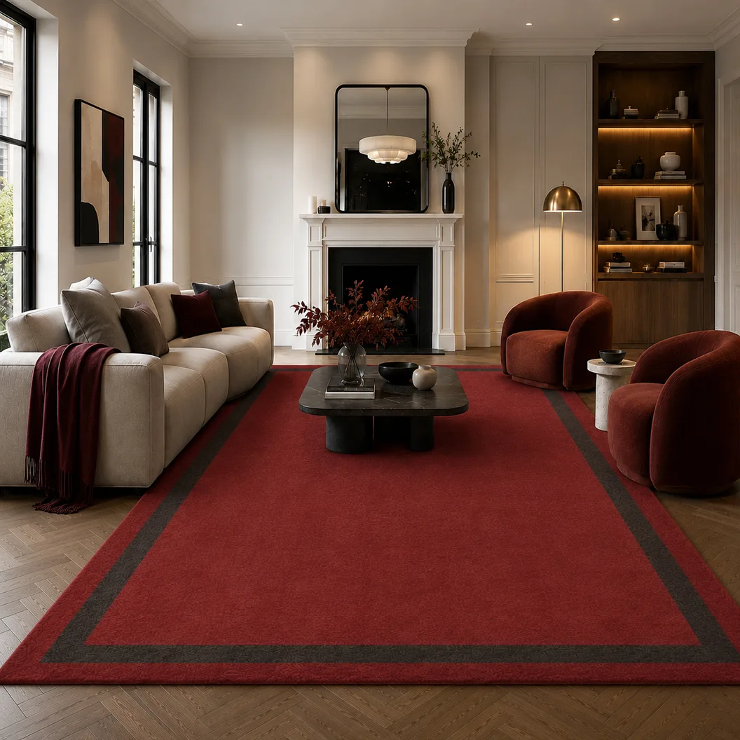 Flame Red Wool Rug with Jet Black Art Silk Inset Border - Rug Roomset Collection