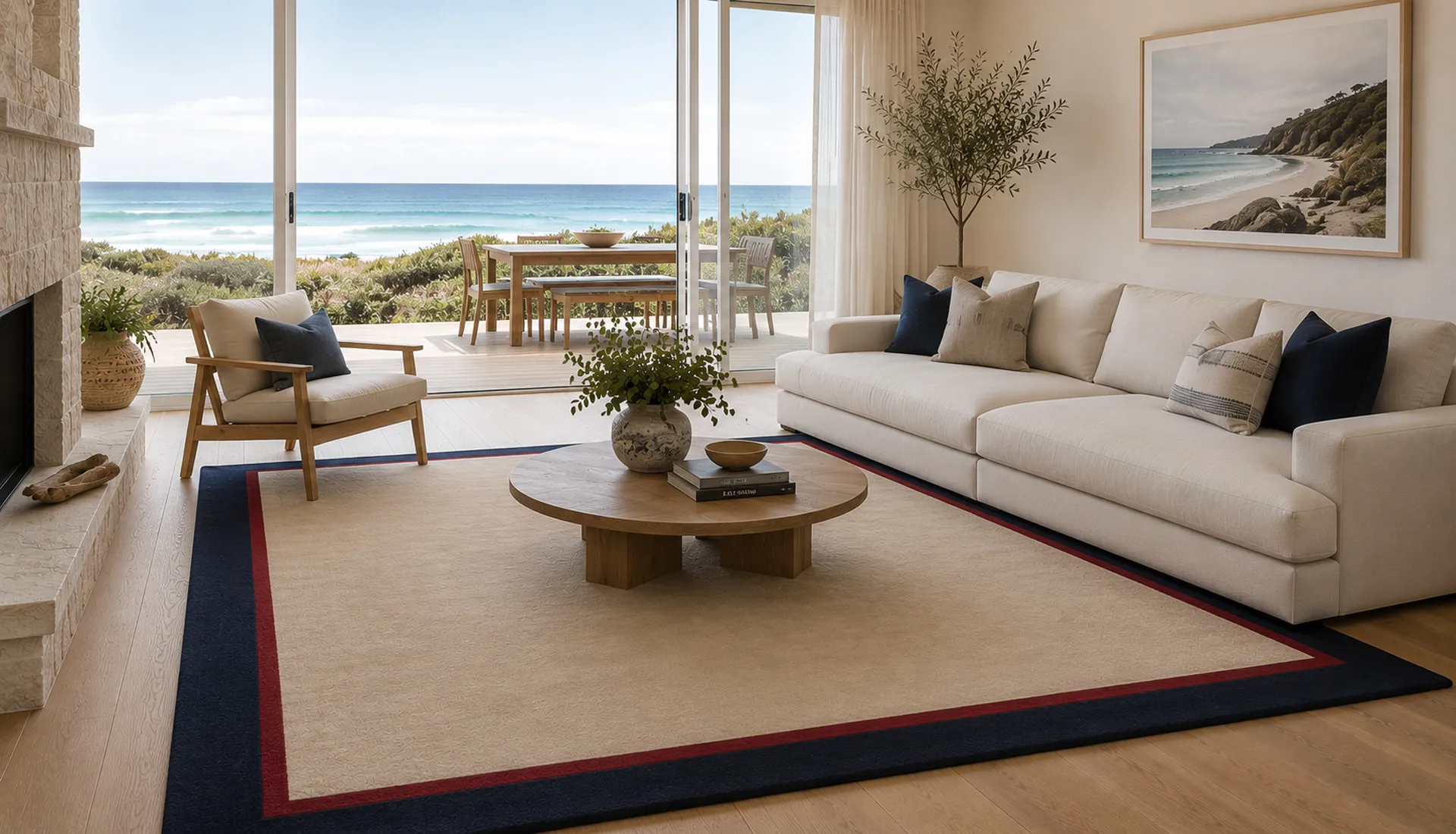 Peach White Wool Rug with Wool Borders