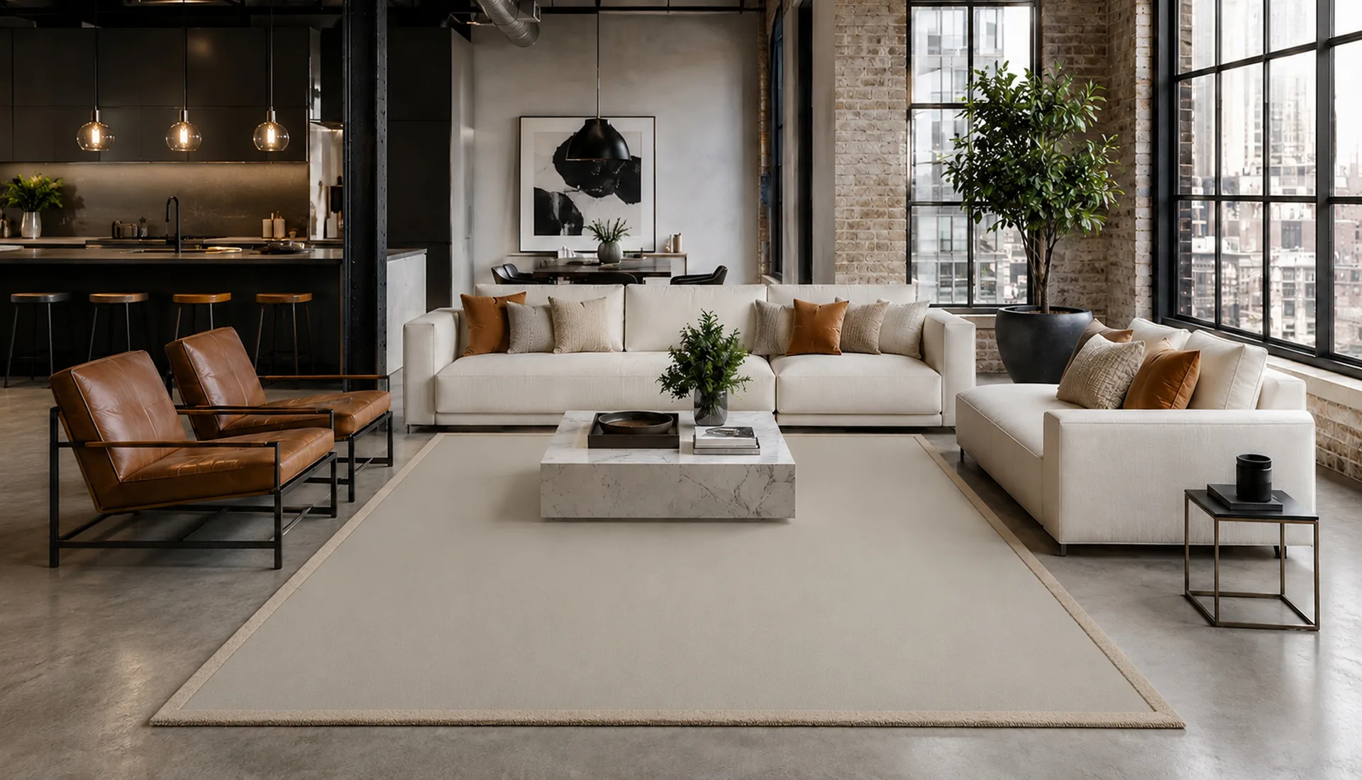 Khaki Cream Wool Rug with Sand White Border
