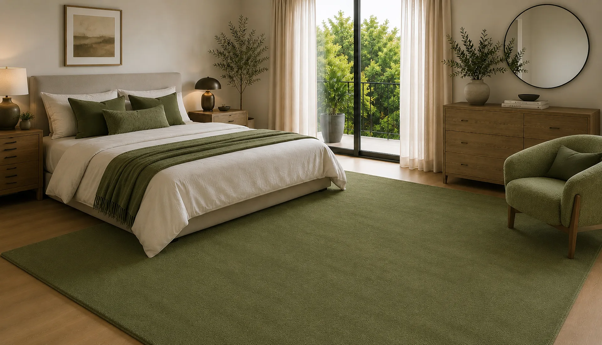 Plain Brown Green Wool Rug