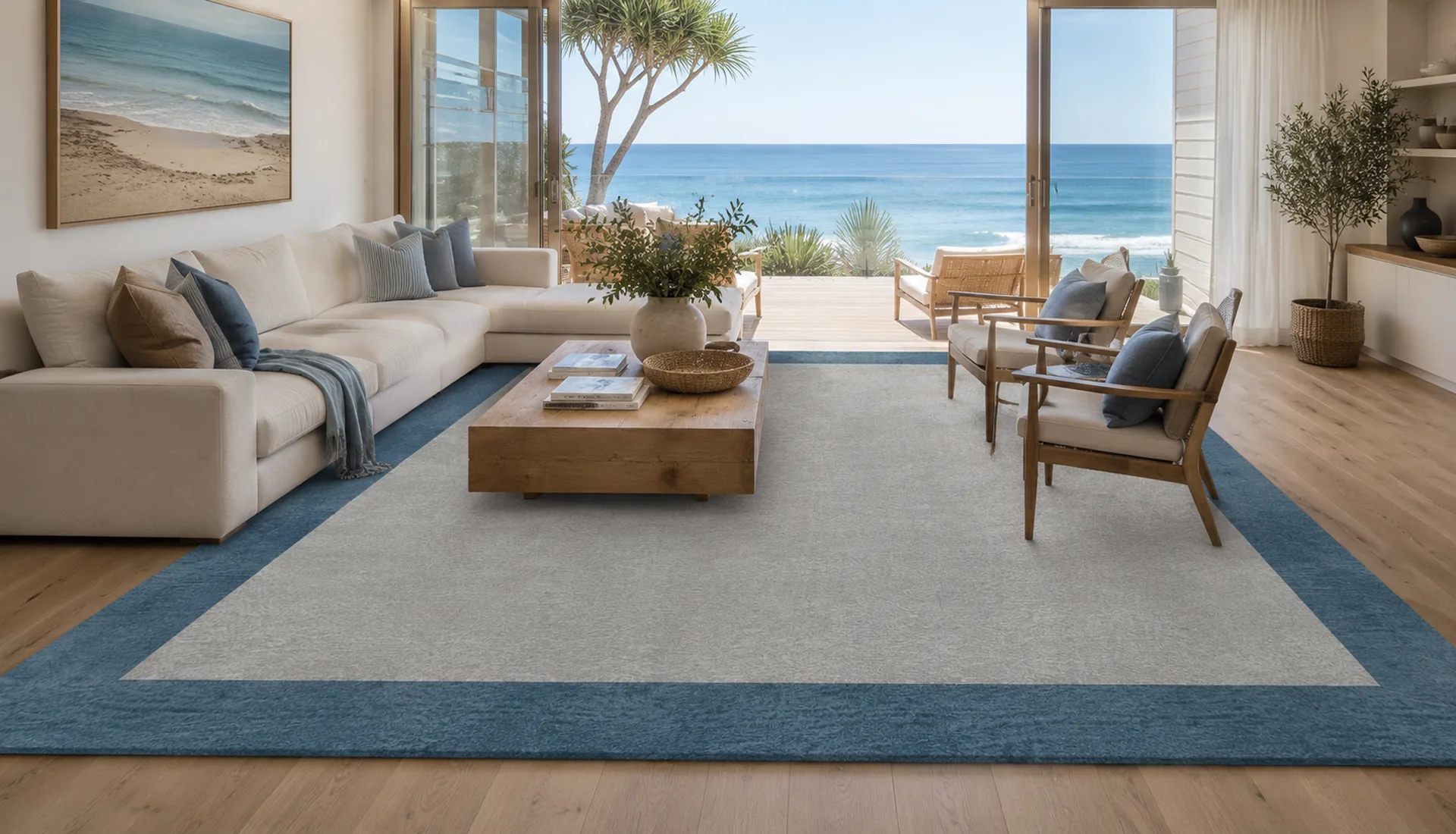 Purple Gray White Wool Rug with Teal Art Silk Border